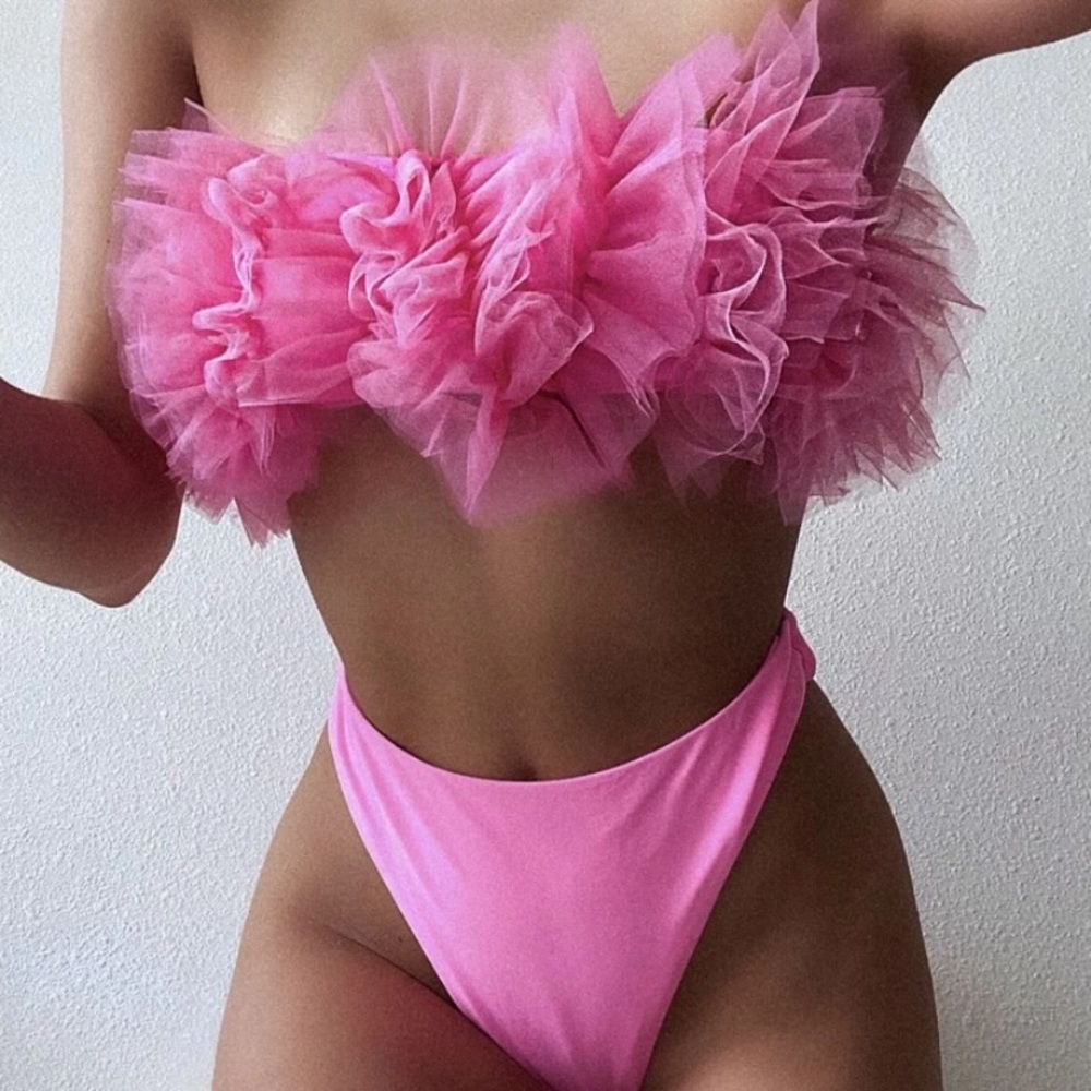 Contrast Mesh Bandeau High Cut Bikini Swimsuit